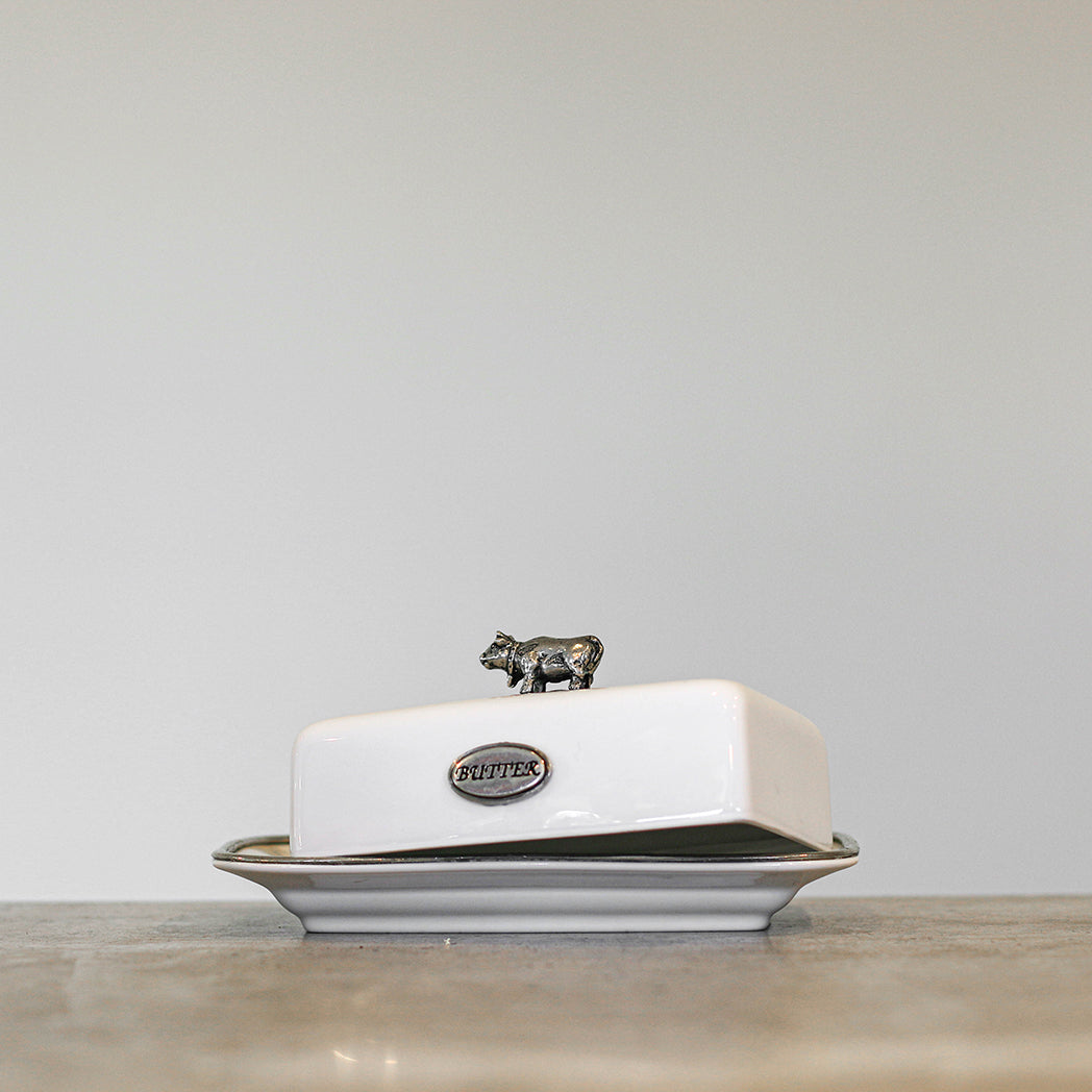 White Porcelain and Pewter Butter Dish