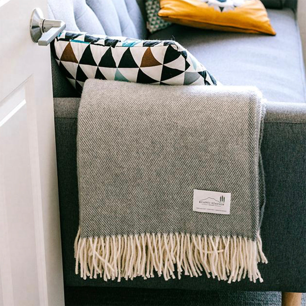 NZ Lambs Wool Throw | Gully Grey Herringbone