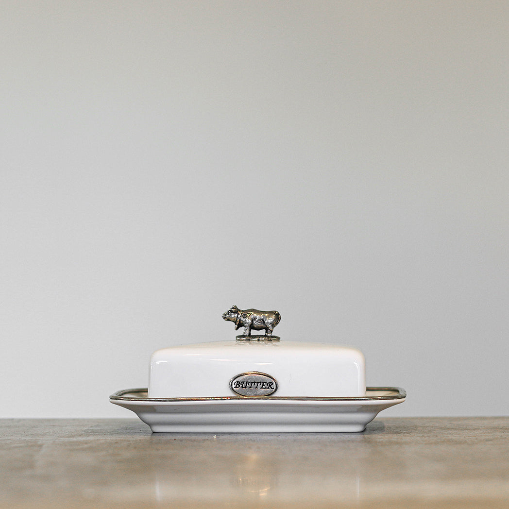 White Porcelain and Pewter Butter Dish